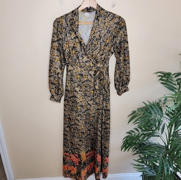 Vintage Kimberly | Brown Cream Yellow Fall Floral Wrap Maxi Dress Size Small - Picture 1 of 10